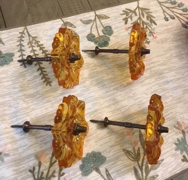 Vintage Pressed Glass Rosette Flower Curtain Tie Backs  Set Of Four Amber Color 2