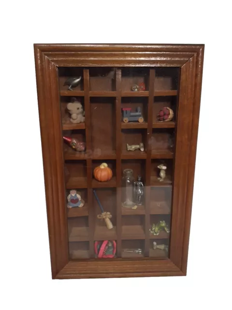 Vtg Miniatures Display Case, Wood & Glass Curio Cabinet 24 Slots, Wall, 11.5 x 7