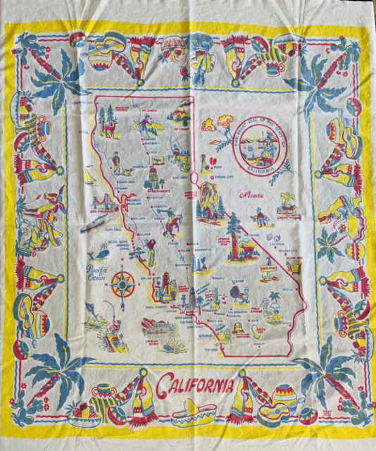 Vintage 1950s Square Tablecloth CALIFORNIA State Map Souvenir Pre-Disneyland