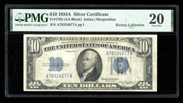 DBR 1934-A $10 Silver Fr. 1702 Rare Face Plate 87 PMG VF-20 Serial A78334077A