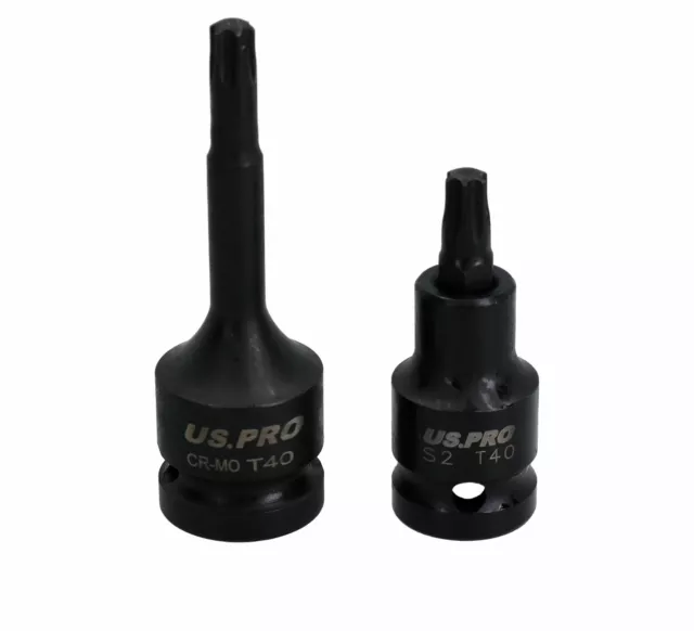 T40 Short (53mm) + Long (78mm) Impacted Torx Star Male Bits Sockets 1/2" Drive