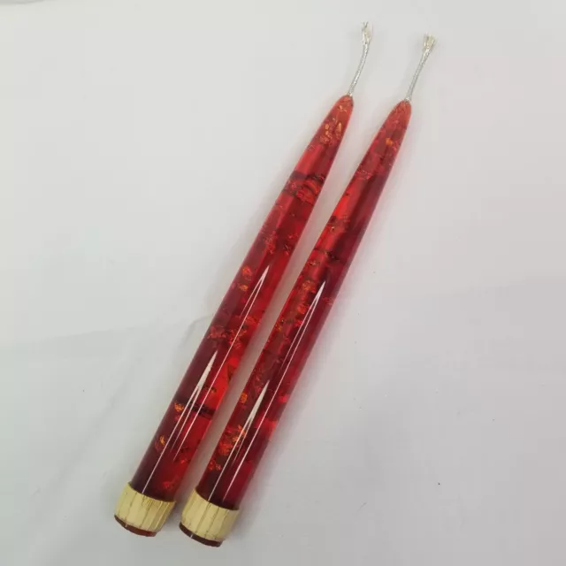 Vtg MCM Lucite Acrylic Candlesticks Set of 2 Red Gold Leaf Flakes Xmas Decor 8"