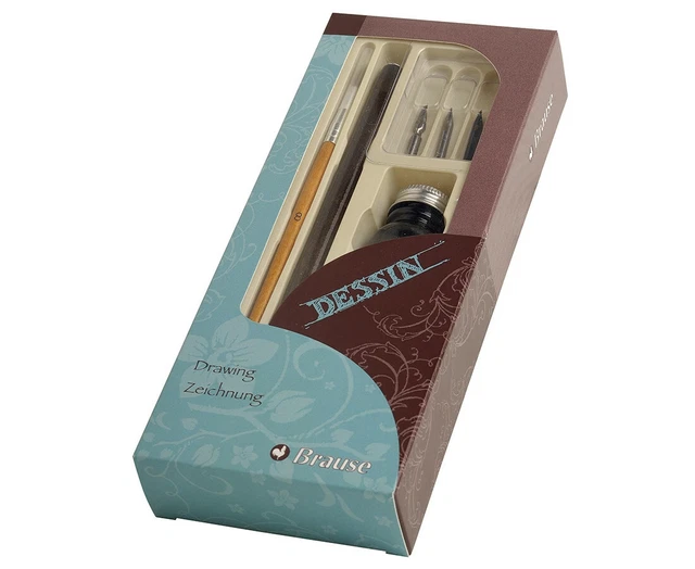 Brause Calligraphy Set - 4 Drawing Nibs with Dip Pen & Ink Bottle
