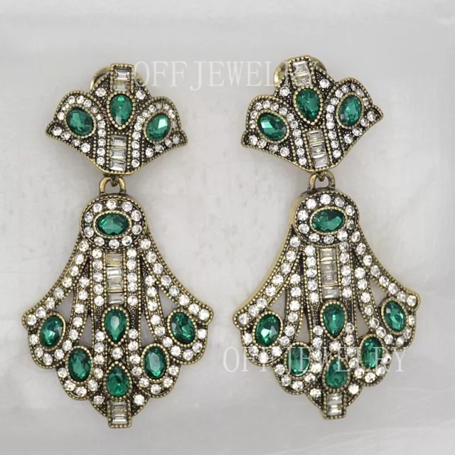 HEIDI DAUS CLIP ON EARRINGS Heavy Green CZ Cut Crystal VINTAGE ANTIQUE FOR WOMEN