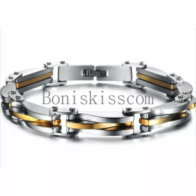 Two Tone Stainless Steel Men's Link Bracelet 8.66 Inch Length Silver Gold Color