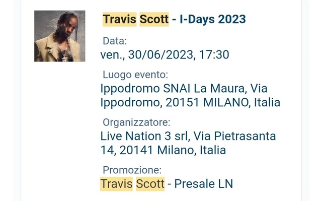Due biglietti Travis Scott – Milano, Ippodromo SNAI La Maura – I-days 30/06/2023