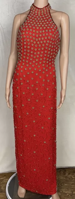 Bead & Sequin Maxi Evening  Show Host Dress Size 14 Red Gold 100% Silk Zip Slit
