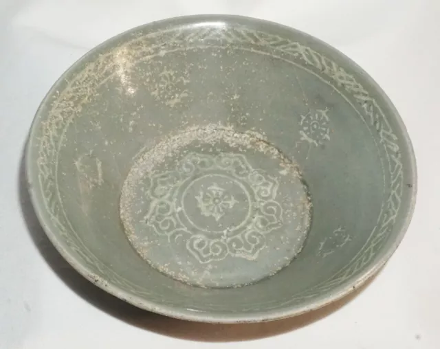 14C Korean Koryo Inlaid Pottery Bowl Celadon Glazed w. Floral Designs (JSt)2