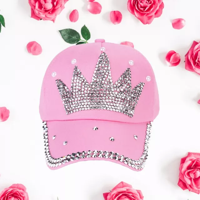 Rhinestones Faux Pearl Crown Girls Baseball Caps Peaked Snapback Hat Pink EMB
