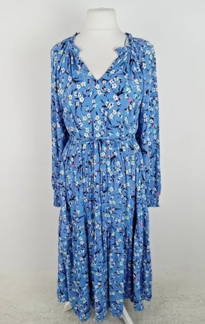 Women's M&S Dress Blue Floral Long Sleeve Tie Neck Tiered Maxi Dress NEW F2