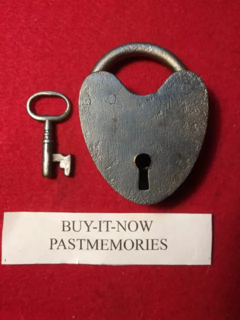 1800's WROUGHT IRON HEART SHAPE LOVE PADLOCK w/ KEY, OLD VINTAGE ANTIQUE LOCK