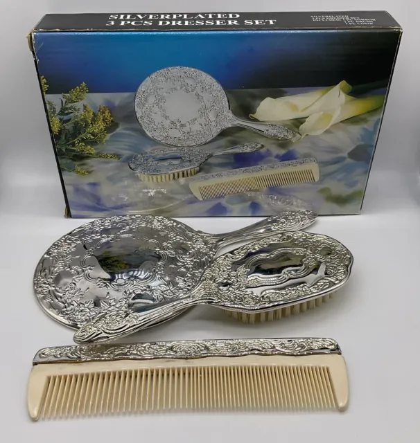 Vintage Silver Plate Mirror Hair Brush Comb Dresser Vanity Grooming Set