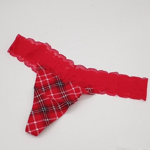 Victoria's Secret PINK Womens XL Everyday Lace Trim Thong Panty Red Pepper Plaid