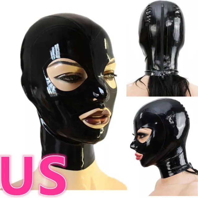 US Women Men Mask Full Face Mask Hood Party Rubber Catsuit Cosplay Zipper Cover