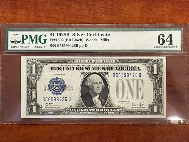 1928B $1 Silver Certificate FR #1602, PMG 64