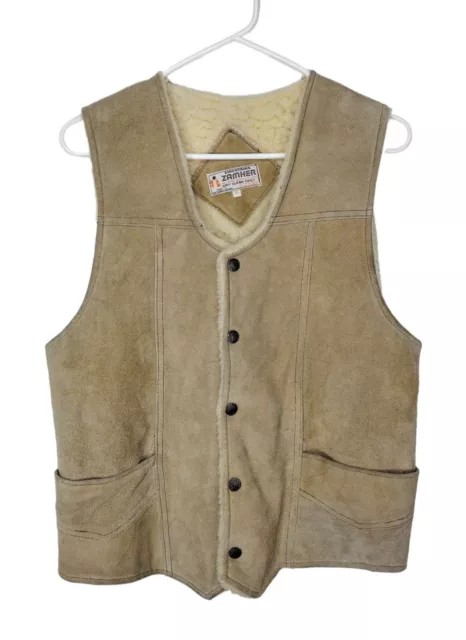 Vintage Zamher Genuine Suede Faux Shearling Lined Vest Adult Size Small