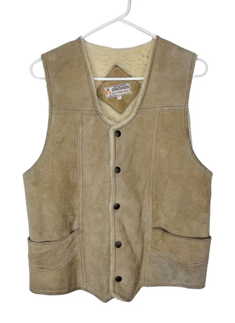 Vintage Zamher Genuine Suede Faux Shearling Lined Vest Adult Size Small