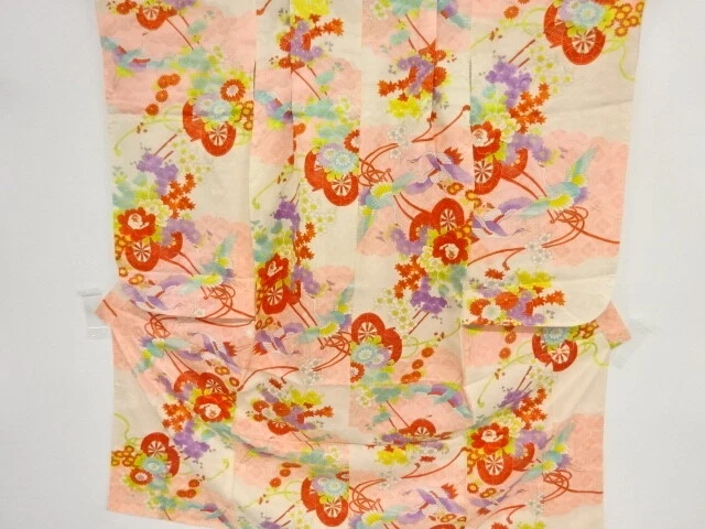 44493# Japanese Kimono / Antique Kimono For Girls / Floral Cart & Cranes