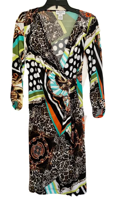 CARMEN MARC VALVO Faux Wrap Ruched Print MIDI Dress Colorful Bridle Chain Size S