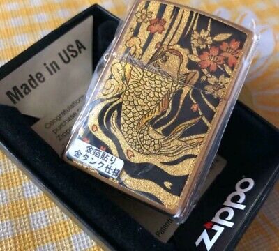 Zippo Japanese Carp Gold Leaf Epoxy Gold Inside Unit Brass Lighter Japan New