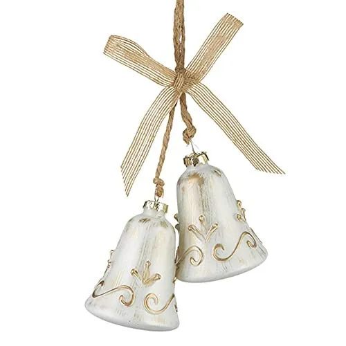 New Elegant Glass Distressed White with Gold Accents Bells Holiday Ornament