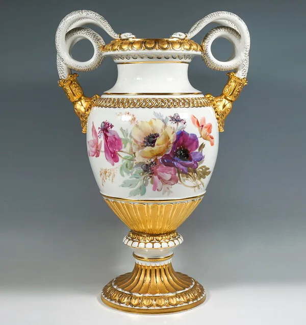 48.5 Cm Meissen Schlangen Henkel Vase Gold Blumen Weichmalerei Mnr: A 148 Um1865
