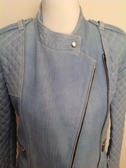 Barbara Bui Leather Jacket 40 Quilted Denim Illusion Blue Moto Biker Women's 3