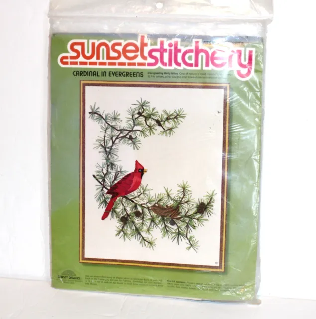 Kit de bordado de colección al atardecer cardinal en árboles de hoja perenne kit de pájaro de Navidad