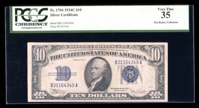 DBR 1934-C $10 Silver Fr. 1704 PCGS 35 Serial B31164348A