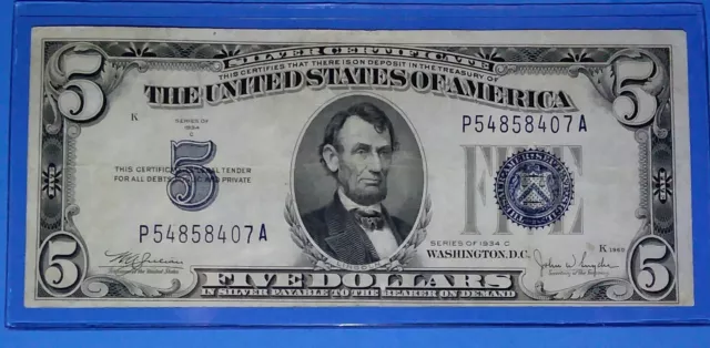 *1934-C ! $5 Silver Certificate! Vf. Circ. ! Old Us Currency! Nice Note !