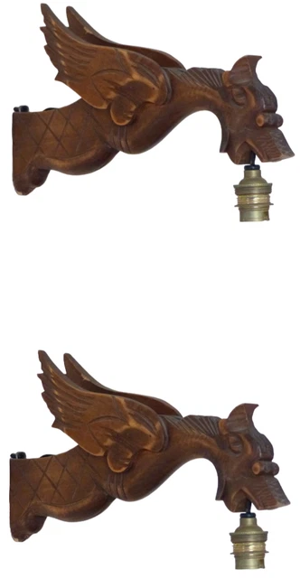 Pair Vintage French Carved Wood Gothic Chimera Wall Light Sconce Gargoye #3