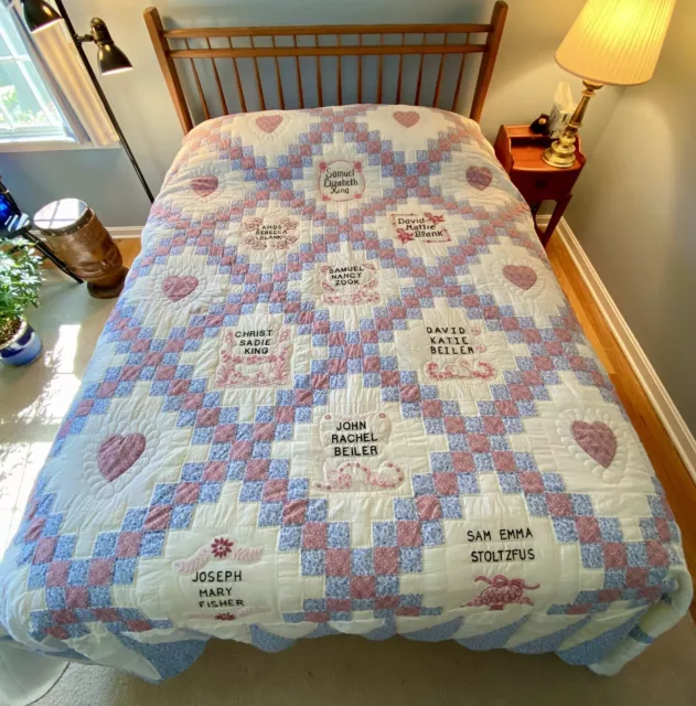 VTG LARGE Hand Stitched Amish Quilt Names & Hearts Cotton 112x107”