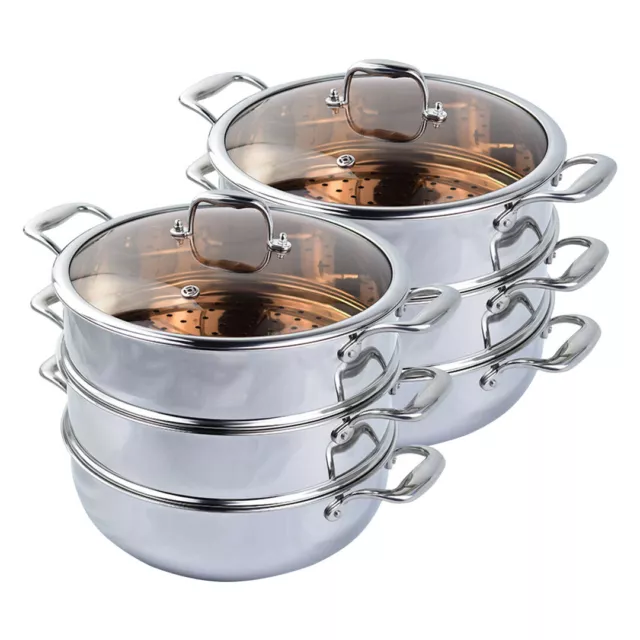 SOGA 2X 3 Tier 28cm Stainless Steel Food Steamer Pot Pasta Insert w/ Glass Lid