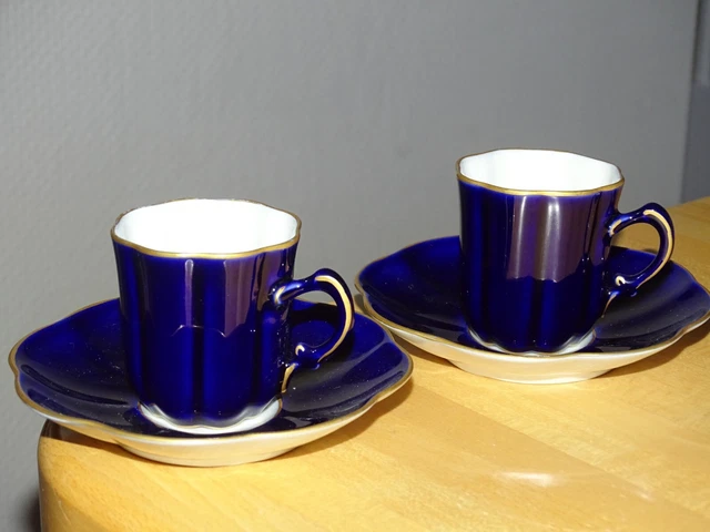 Limoges 2 Anciennes Petites Tasses Moka Espresso Porcelaine Bleu De Four Dorure