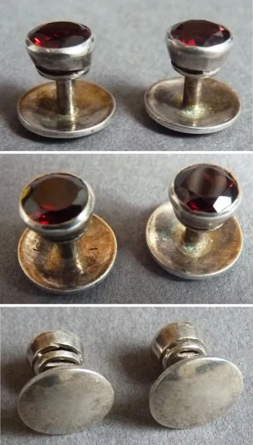 Boutons de col en argent massif + grenat bijou ancien silver buttons