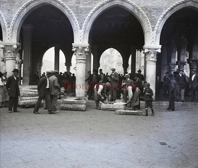 ITALIE Venise Marché c1900 Photo NEGATIVE Stereo Plaque verre PL28N2n36 Vintage