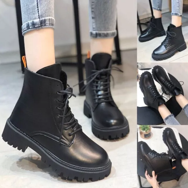 Womens Ankle Boots Casual Combat Boot Ladies Faux Leather Lace Up Winter Shoes