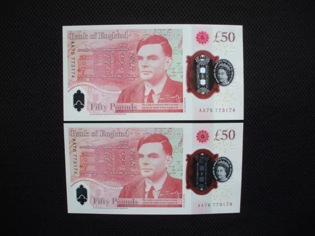 £50 New Polymer Notes  x 2   DOUBLES  AA75/76    ALAN TURING  SAME NUMBER