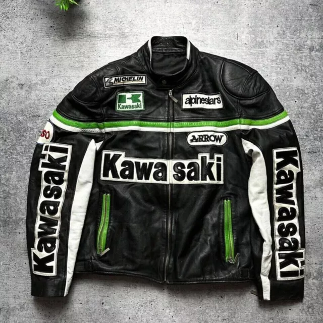 Bequeme, schwarz-weiße Motorrad-Racing-Rindslederjacke für Kawasaki Ninja