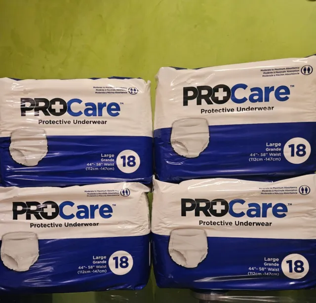 ProCare Adult Diapers: Lot of 72 Protective Underwear, Size Large, Waist 44"-58"