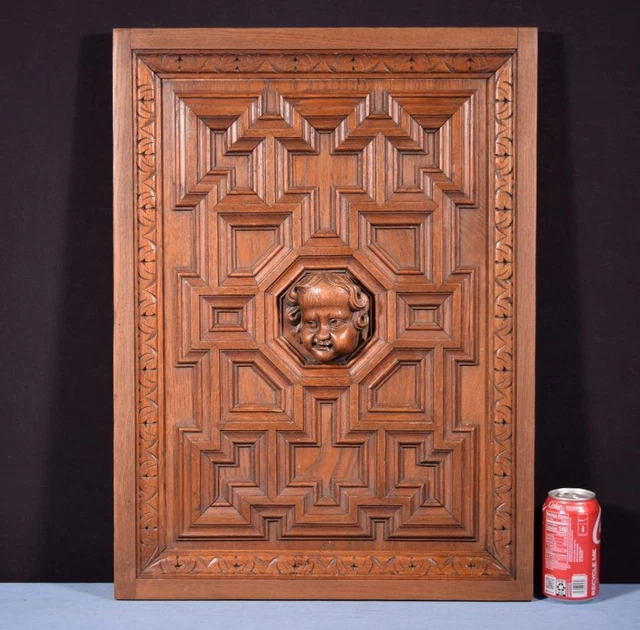 *French Antique Architectural Panel in Solid Oak Wood with Cherub Carving