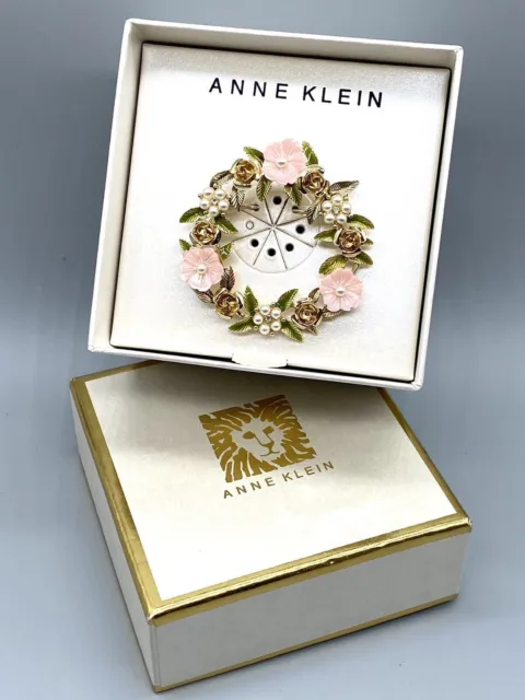 Anne Klein Gold Tone Floral Wreath ??Pink Pearl Rhinestones Leaf Rose Pin Brooch