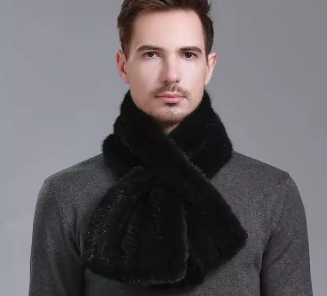 Men's Real Mink Fur Scarf Collar Winter Warm Neckerchief Wraps Brown Fishtail