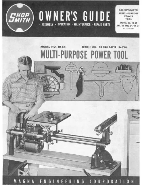 Owner's Guide & Parts Manual Fits SHOPSMITH Model 10-ER