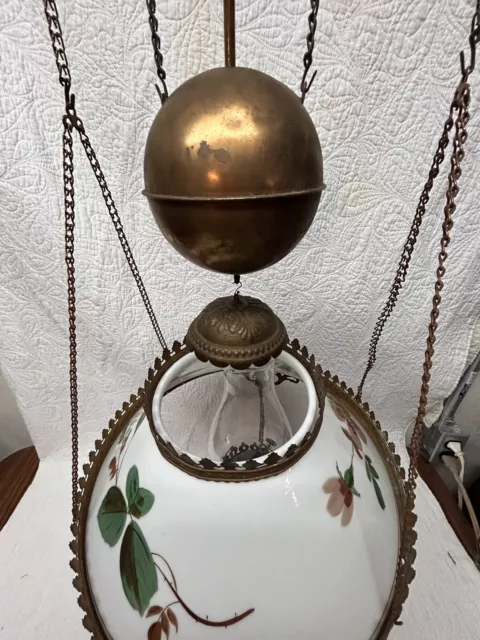 Antique Hand Painted Solid Brass Hanging Oil Lamp Pull Down with Counter Weight