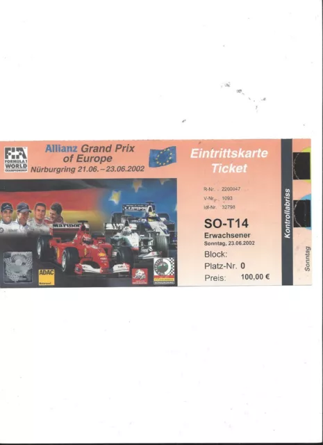 FORMEL 1 Nürburgring 2002, F1 Großer Preis von Europa, Sammler Ticket