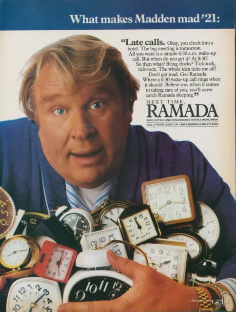 1986 Ramada John Madden Mad 21 Late Calls Football Clocks Vintage Print Ad SI12