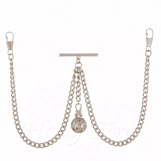 Brand New Silver Colour Double Albert Pocket Watch Chain With Hollow Pendant