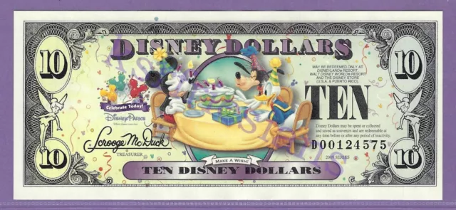 2009 D $10 DISNEY DOLLAR Fab 3 Birthday WALT DISNEY WORLD NOTE SN D00124575