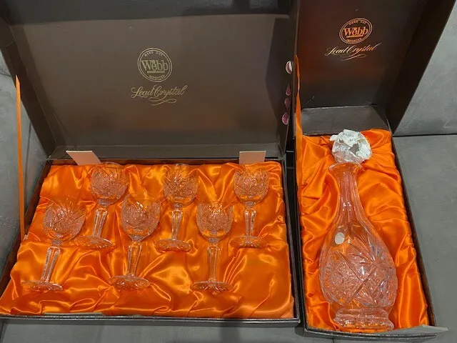 Boxed Set of 6 x Webb Imported Hand Cut Lead Crystal & Boxed Decanter. Unused.